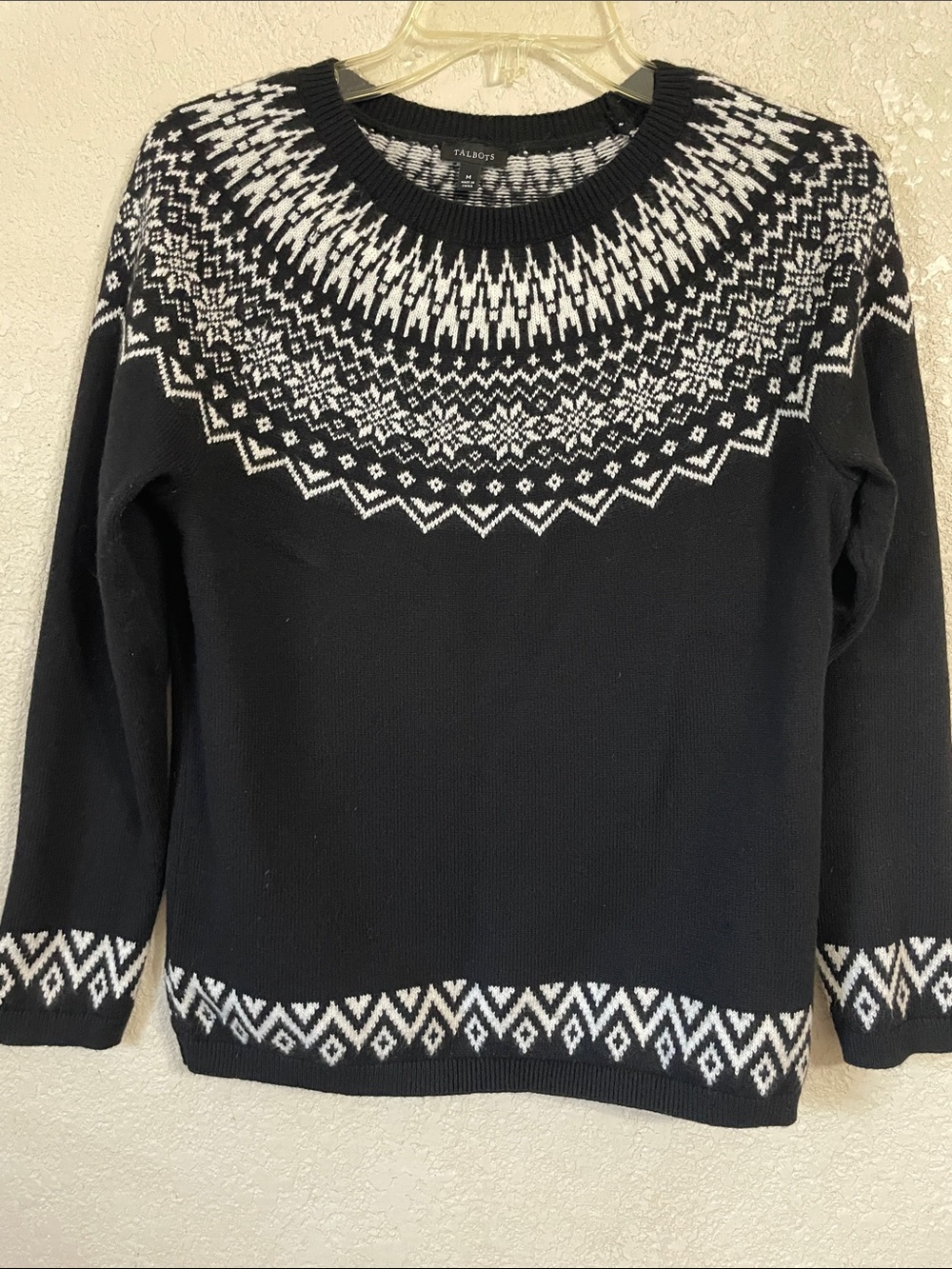 Talbots Black & White Fair Isle Crewneck Sweater Size M